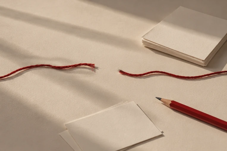 Two separated red threads on cream paper, illustrating a break in conversation continuity.