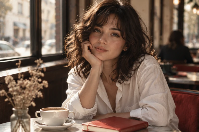 AI-generated editorial portrait of a fictional adult woman at a cafe with a red notebook.