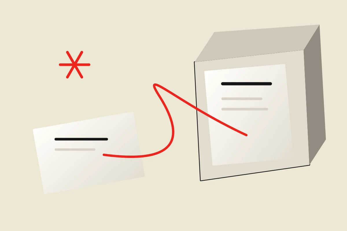 An archive and a selected card connected by a red line, illustrating retrieval.