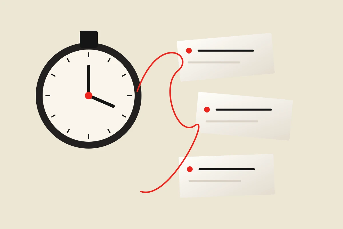 An analog clock and three separate groups of cards, illustrating independent checkpoints.