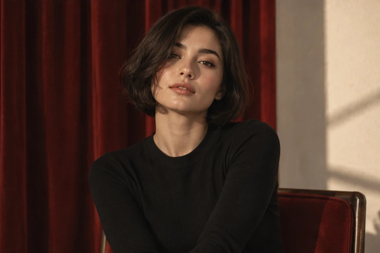AI-generated editorial portrait of a fictional adult woman against a burgundy curtain.
