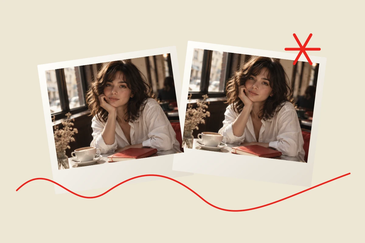 Two repeated editorial prints of the same fictional woman, connected by a red line.